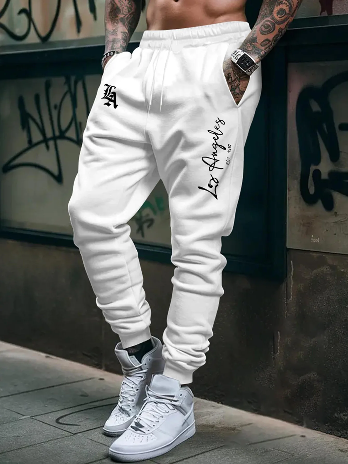 Men's Long Pants With Trendy Los Angeles Letter Print, Stylish Casual Sweatpants For Daily Street Outdoor All‑Season Wear