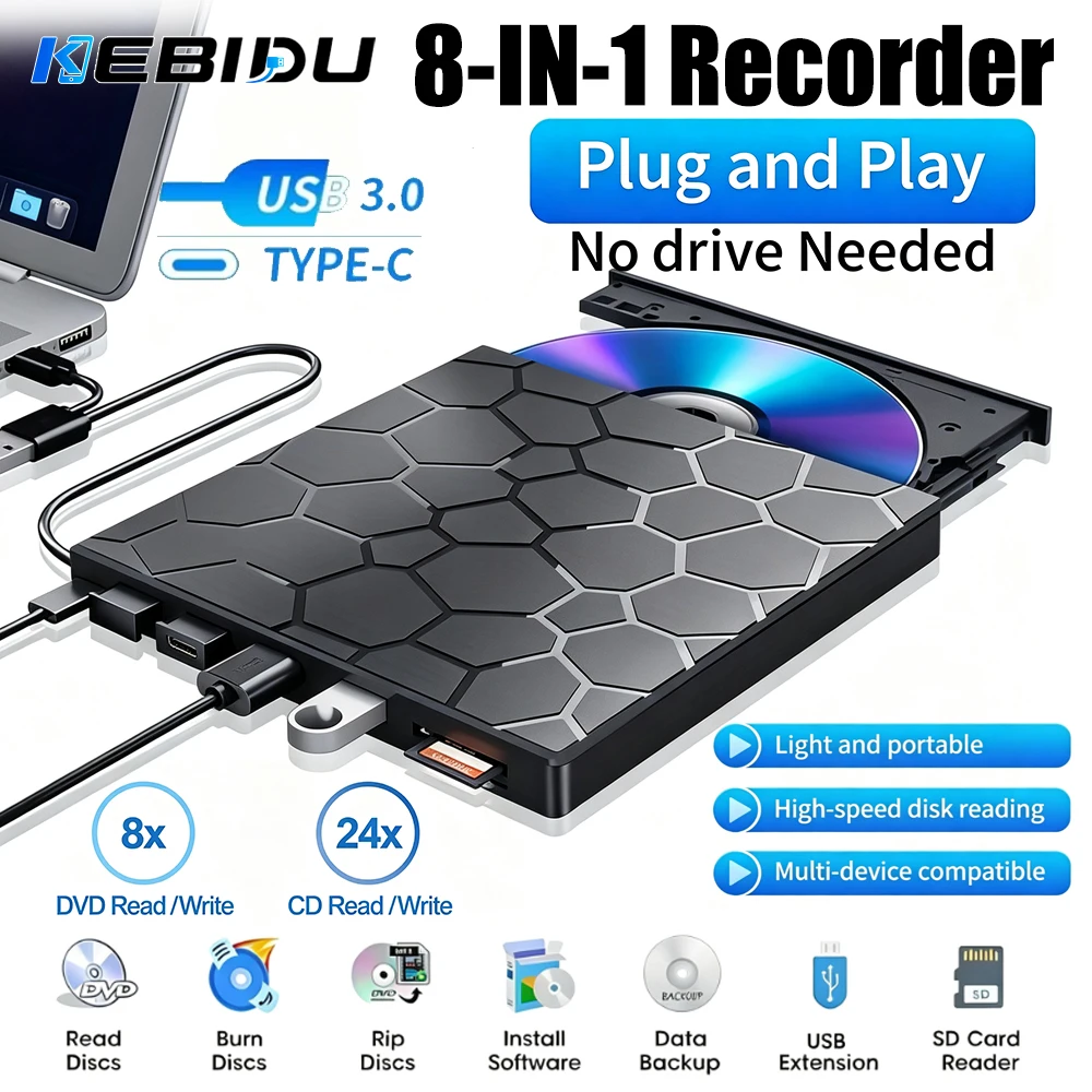 kebidu-超薄型-8-in-1-外付けcd-dvd-rwドライブ-usb30-type-c対応-cdライター-リーダー-ポータブル外付けディスクドライブ（ノートパソコン-デスクトップpc用）