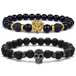 New Couple Black Eye Skull Hematite Bead Bracelet Men Fashion Classic Handmade Lava Stone Lion Bracelets For Women Punk Jewelry