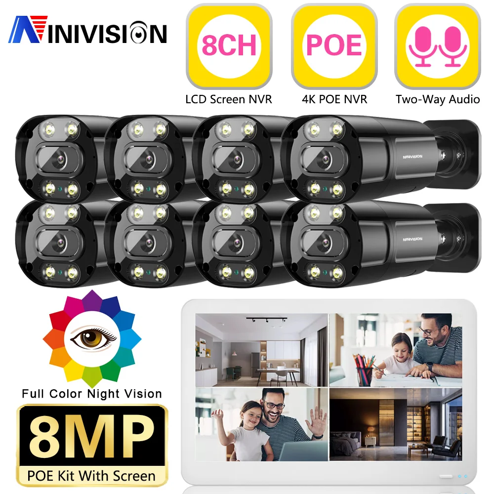 

Colorvu 8mp Camera Two-Way Audio 4K LCD NVR Moniter POE Security Camera System CCTV Black Bullet Video Surveillance Cameras Kit