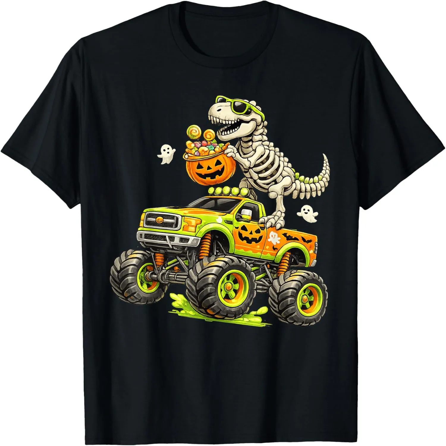 Halloween Skeleton Dinosaur Monster Truck Pumpkin Candy Kids T-Shirt