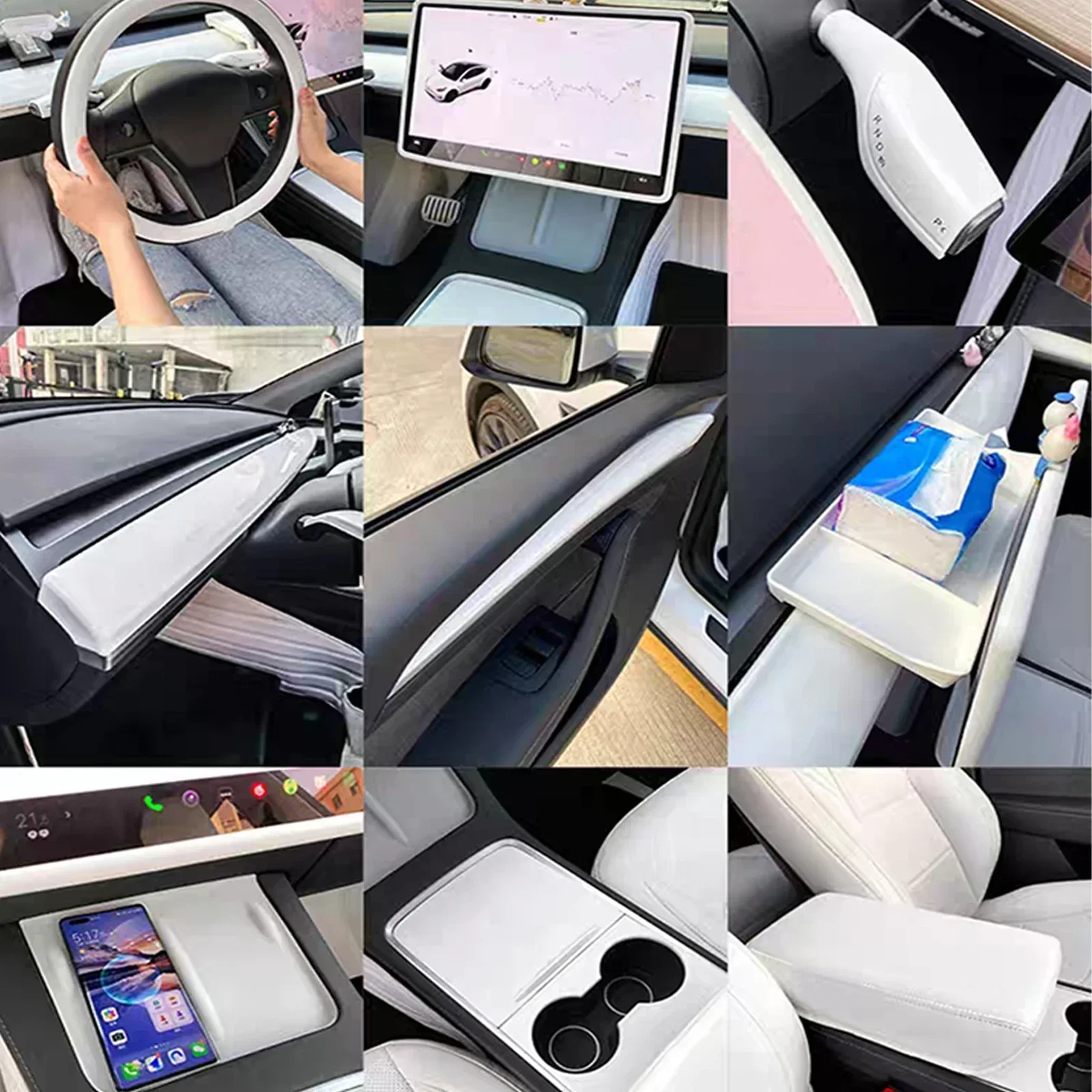 For Tesla Model 3 Y White Interior Center Console  Storage Box Steering Wheel Cover Screen Protection Decorative Footrest Seat