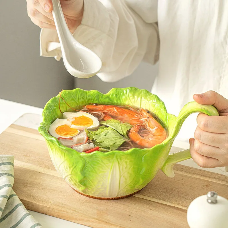 Ceramic cabbage instant noodle bowl, soup bowl household, fruit salad bowl new tableware, Internet celebrity handle bowl