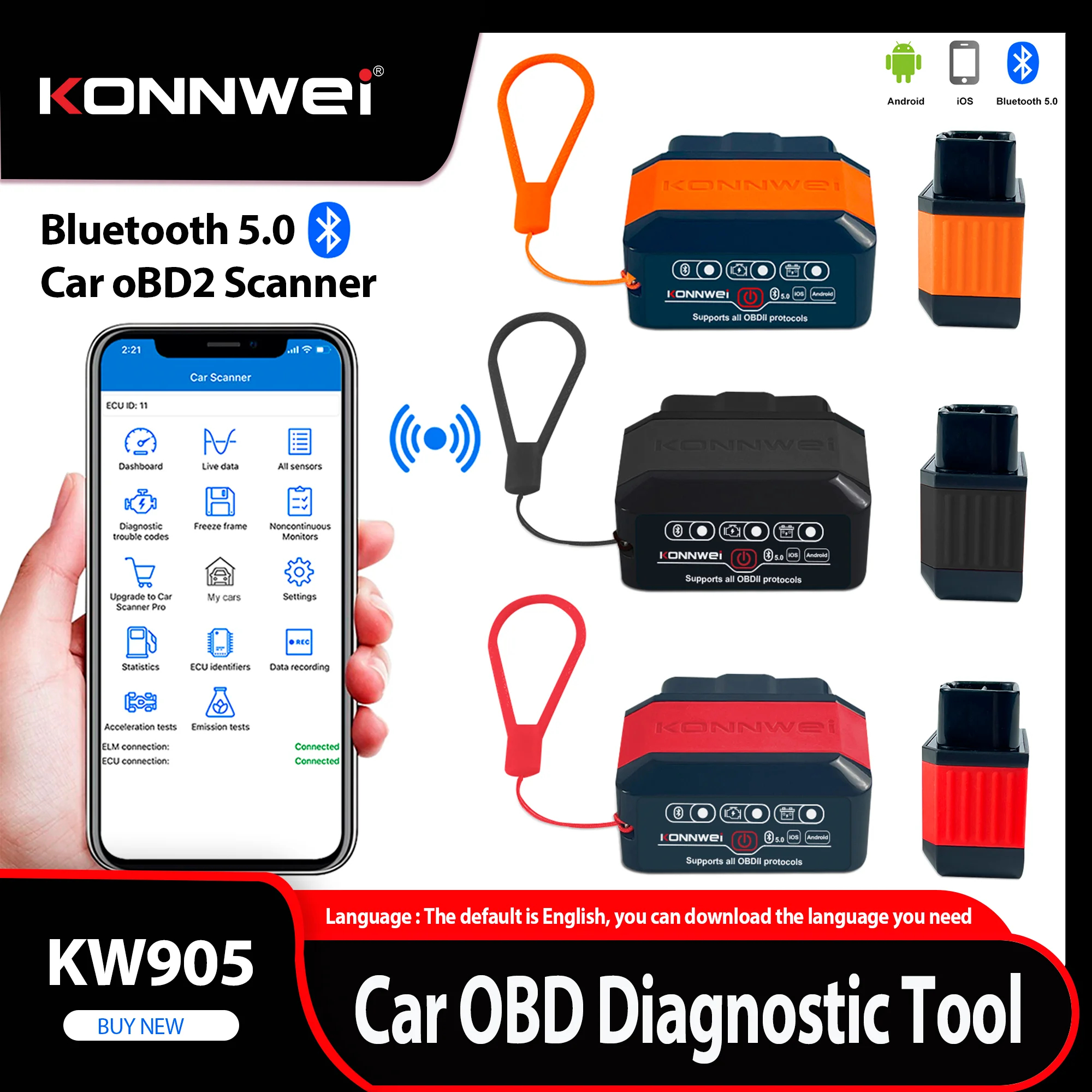 2026 KONNWEI KW905 ELM327 OBD2 Car Scanner Bluetooth 5.0 Battery Detection Engine Fault Scanner OBDII Code Reader DiagnosticTool