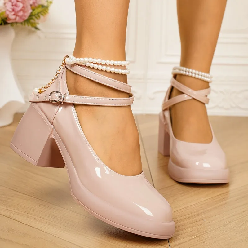 

Design Sense Нишевые туфли на высоком каблуке с жемчужным блоком, весенне-осенние туфли Мэри Джейн с одним словом и поясом, маленькие туфли в стиле ретро