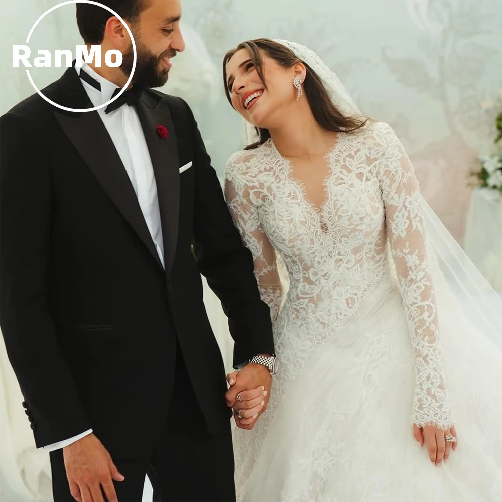 

Изысканное свадебное платье Ranmo 2026 А-силуэта, роскошное кружевное, с V-образным вырезом, длинными рукавами, блестящее, плиссированное, на заказ, Vestidos De Novia