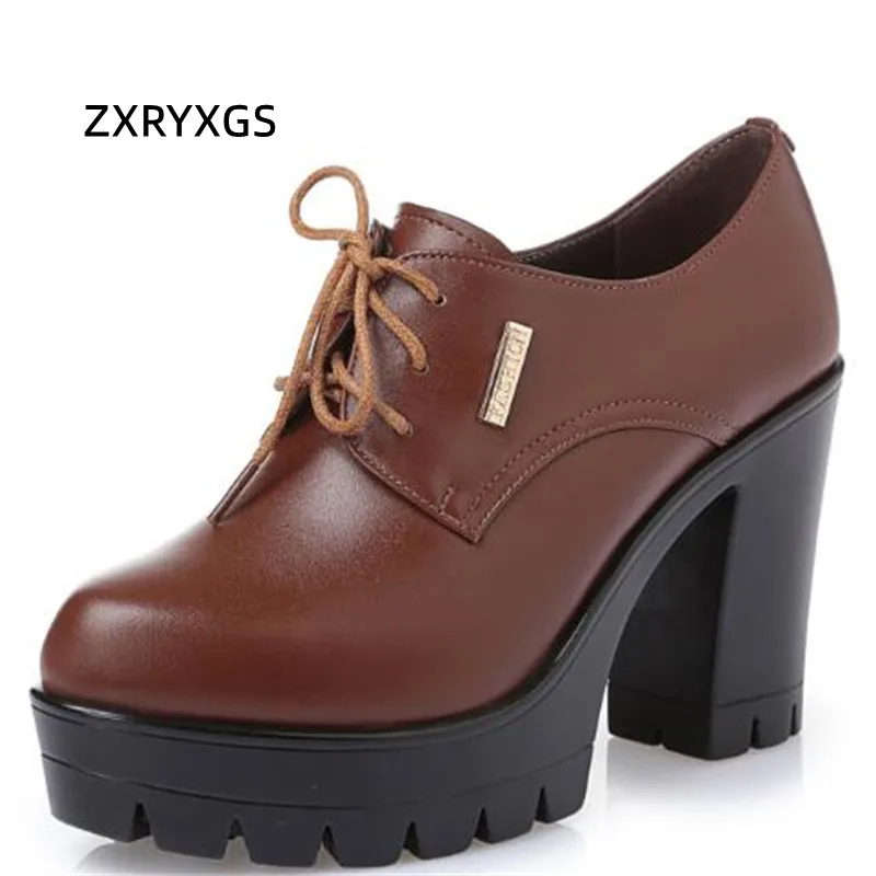 

ZXRYXGS 2024 Spring New Fashion Elegant Pumps Women Genuine Leather Shoes Heighten Thick Bottom trend shoes woman High Heels
