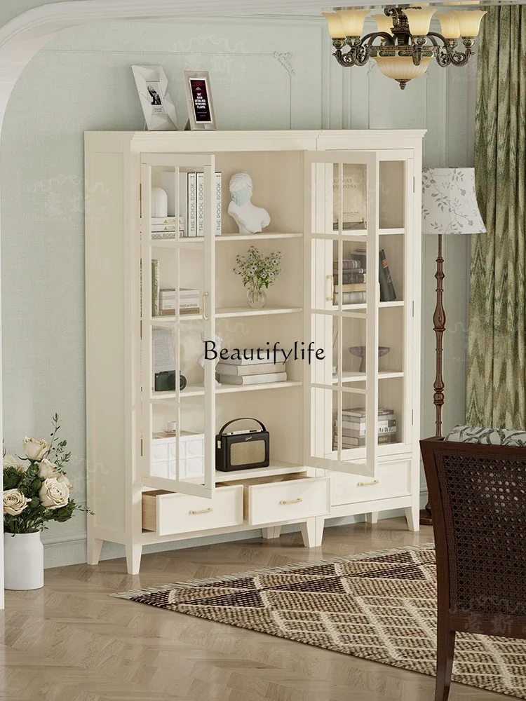 

yj7 American Cream Style Vintage Bookcase Living Room Dustproof Glass Door Side Cabinet