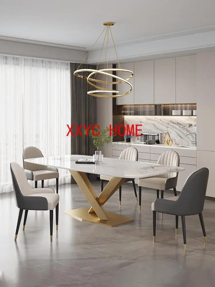 Luxurious Kitchen Table In Rectangle Marble Desk Top Stainless Steel Golden Finish 6 People Luxury Dining Table And Chair Set