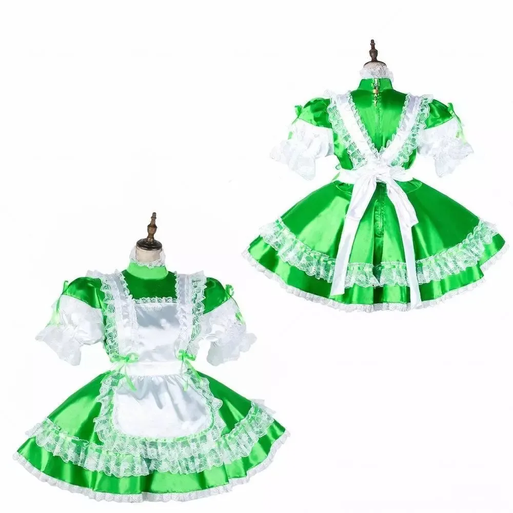 

Sexy sissy French maid green satin lockable lace ruffle dress maid cosplay costume customizable