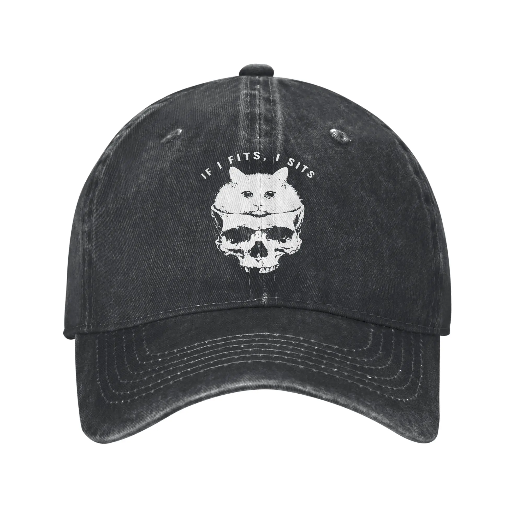 Baseball Cap If I Fits I Sits Black Cat Skull Gothic Dark Humor Spring Casual Trucker Hat  Men Women Gym Wholesale Baseball Caps