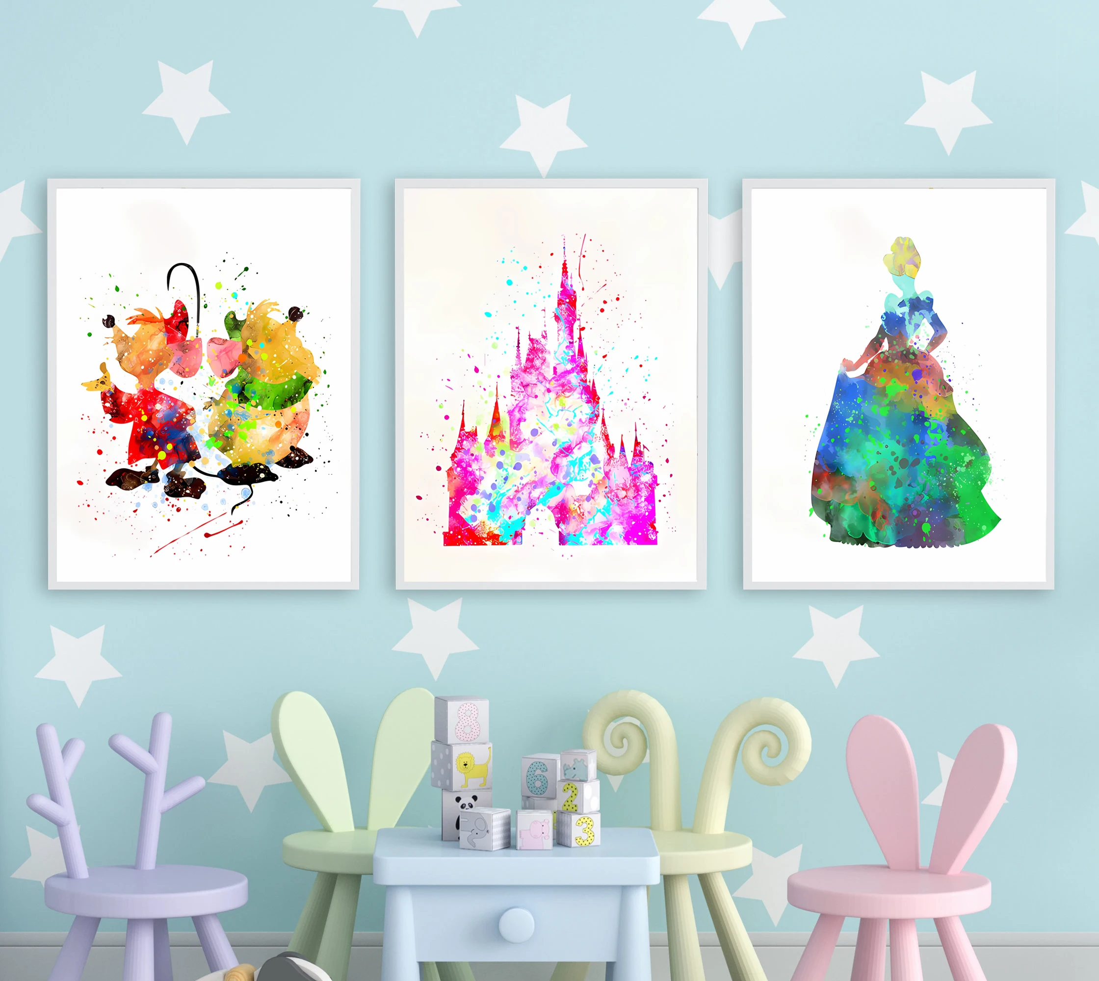 MINISO Disney Princess Canvas Poster Cinderella Wall Art Print Watercolor Art Canvas Painting For Nursery Baby Room Decor