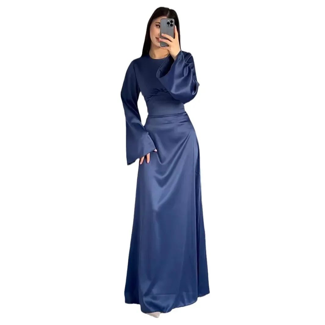 Abaya-Robe en Satin à Manches sulfpour Femme, Bretelles de Taille, Couleur Unie, Mode Décontractée, Col Rond, Évasée, Nouvelle Collection