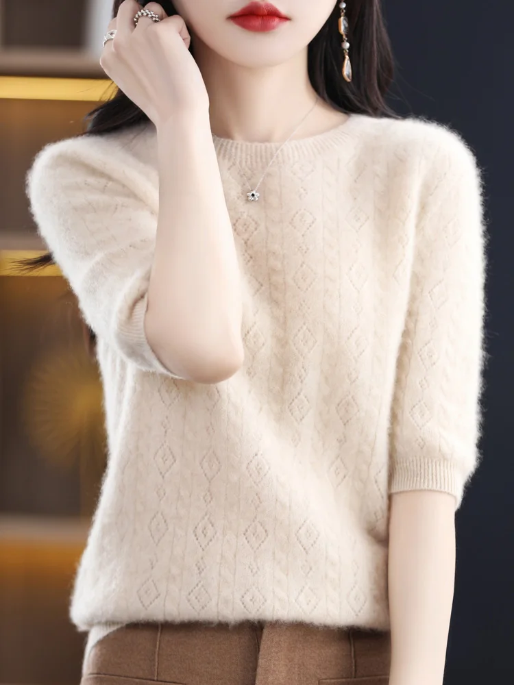 

Spring Summer 100% Merino Wool Pullover Sweater For Women Hollow Twist Flower Half-sleeve Cashmere Knitwear 2023 New Fashion