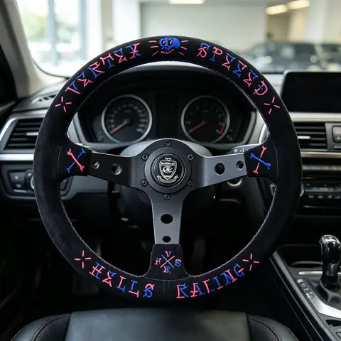Volante de corrida universal VERTEX Volante esportivo bordado de camurça com raios pretos com 6 furos