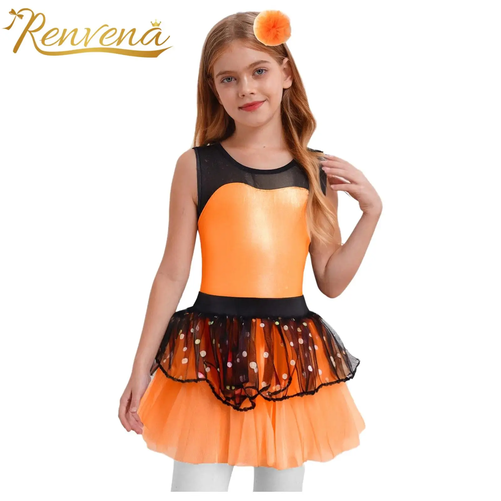 Childrens Dance Outfits Dress Girls Metallic Tutu Dress with Headwear for Stage Performance Costume Kids Birthday Party Gown
