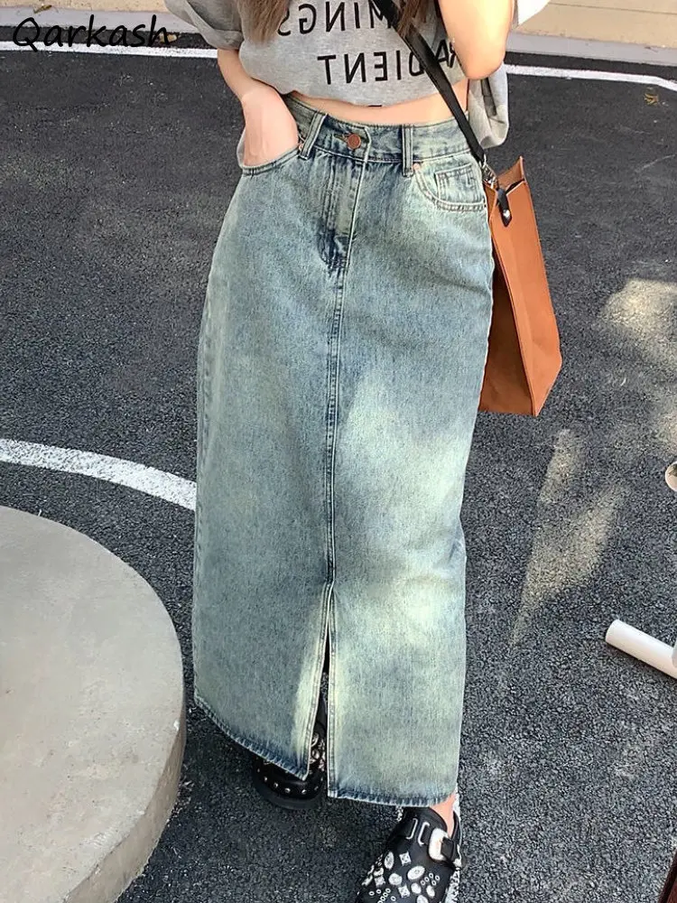 

Denim High Waisted Skirts Women A-line Streetwear American Y2k Clothes Vintage Design Personal Slit Teens College Faldas Largas