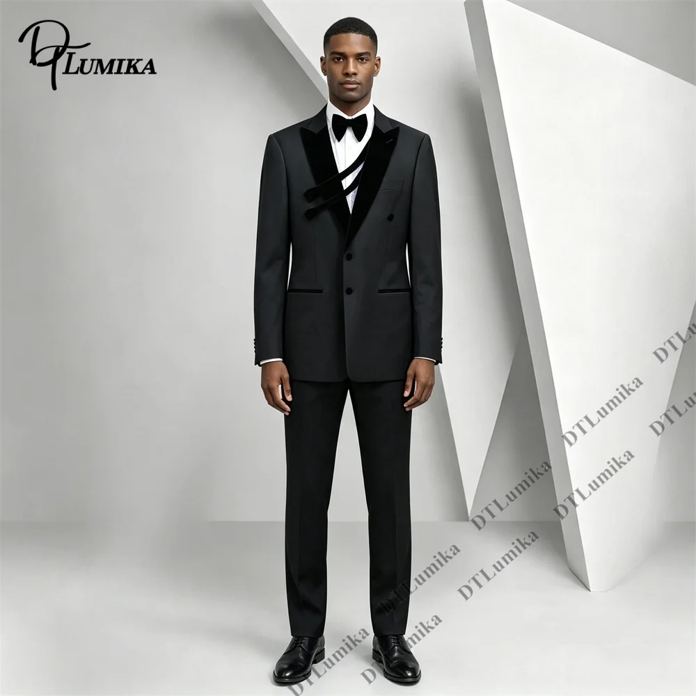 DTLumika 2026 New Classic Men's Two Piece Formal Suit Velvet Strap Double Breasted Tuxedo 2 Piece Men Shawl Lapel Formal Outfit