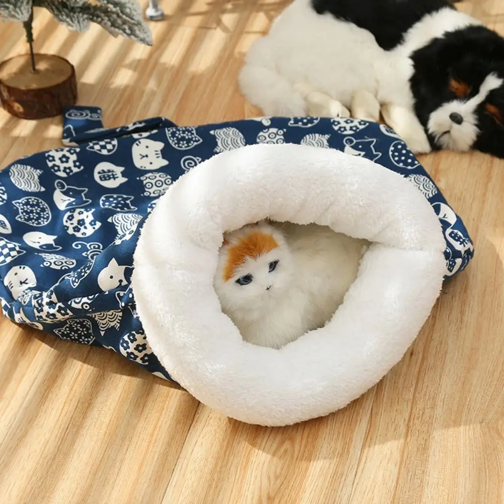 Cartoon Cat Sleeping Bag Soft Comfortable Pet Pocket Quilt Bed Lamb Wool Semi-closed Warm Cat Nest for Puppy Cats Rabbits