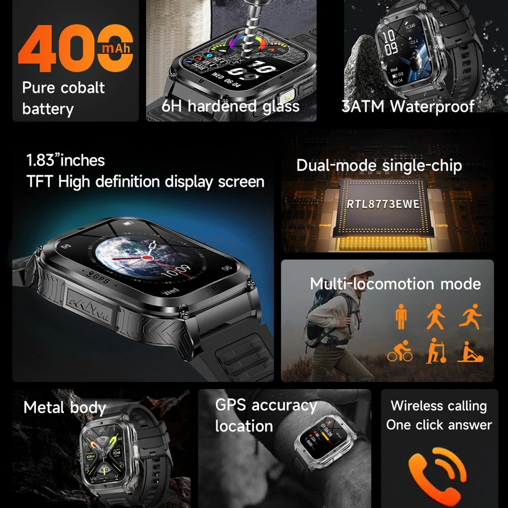 2025 al aire libre GPS deportes Fitness reloj inteligente 3ATM impermeable 1,83 "llamada de diente azul linterna LED ritmo cardíaco salud Smartwatch