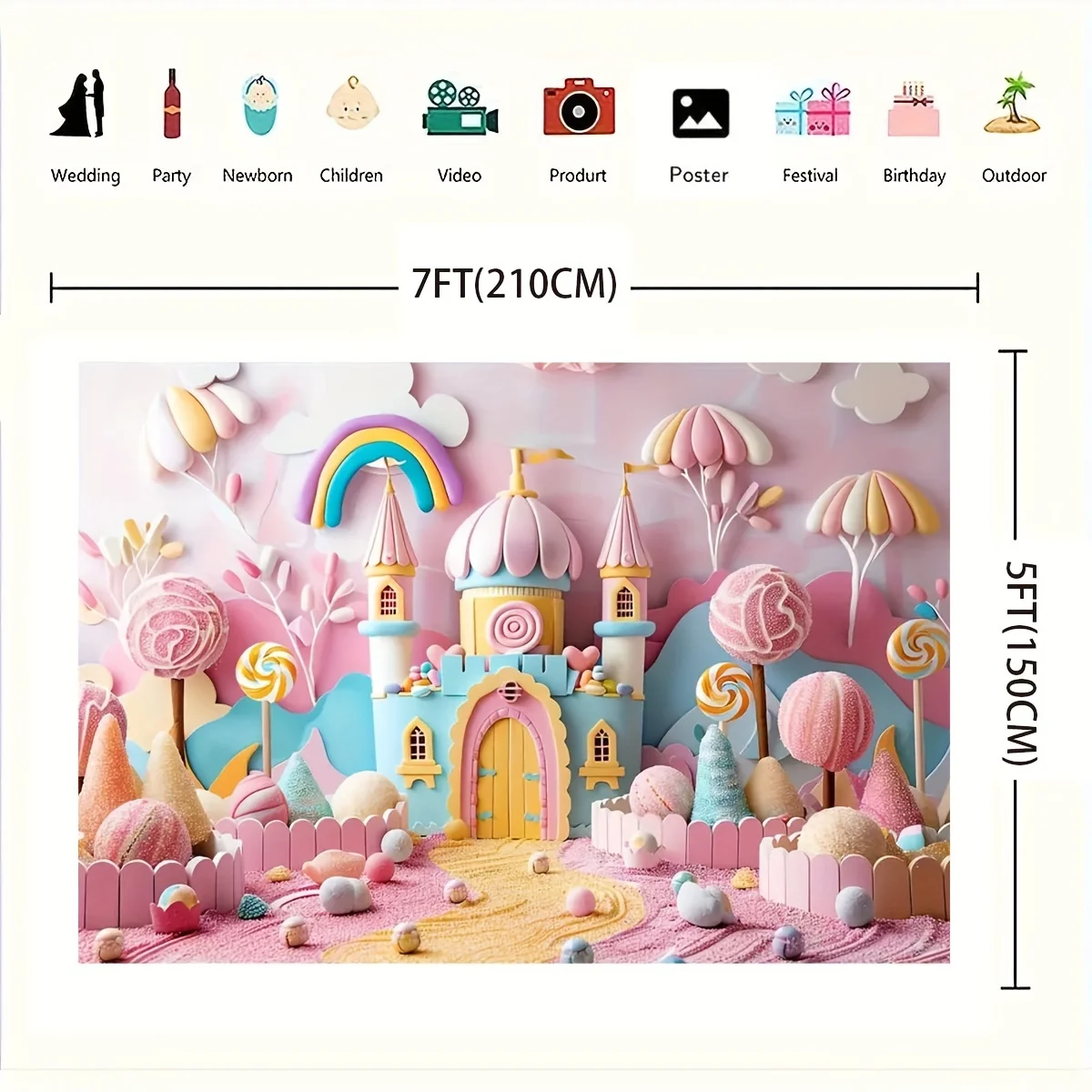 Candy Land 3D Background - Rainbow Castle with Ice cream, birthday party with colorful fantasy Wonderland, durable photography