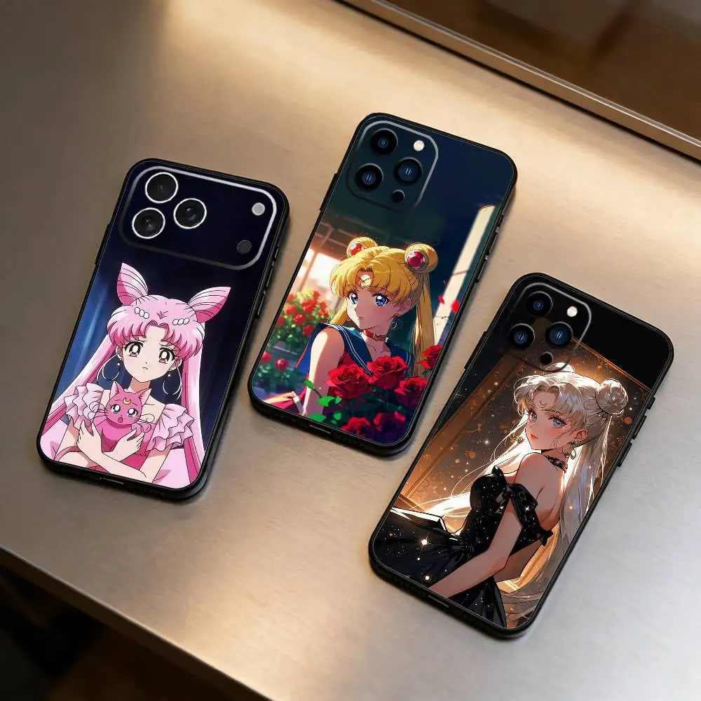 

Cartoon P-Sailor Moons Phone Case For iPhone 16,15,14,13,12,17,Pro Max,Plus Silicone Black Case