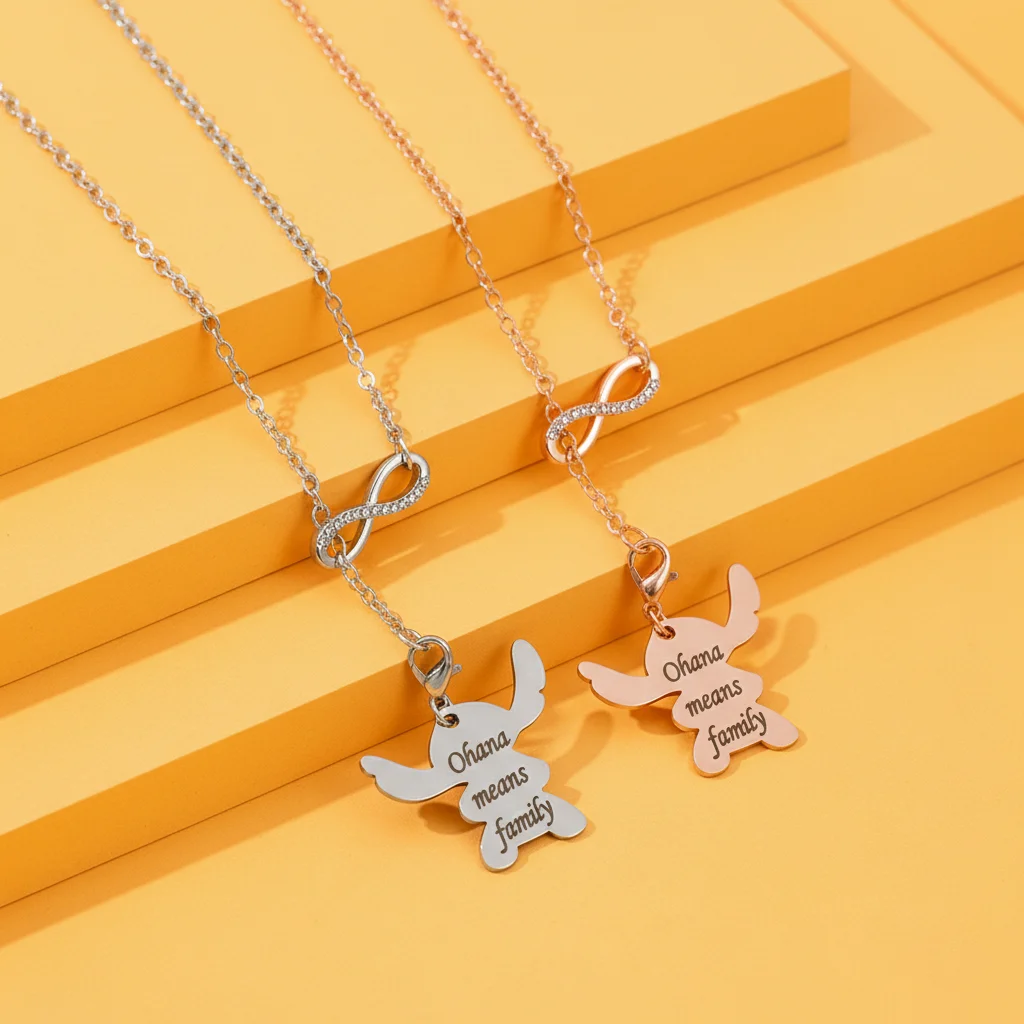 

Stainless Steel Love Infinity Toy Cartoon Stitch 'Ohana Means Family' Classic Gift for Lovers