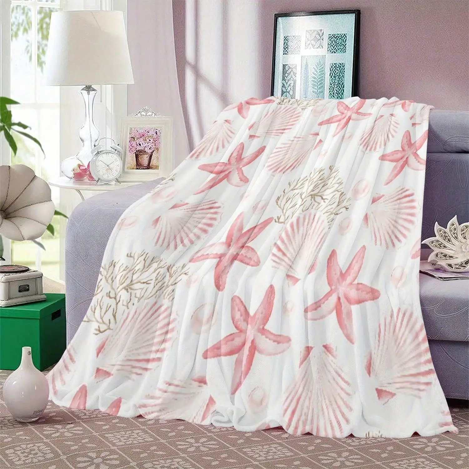 Pink Ocean Shell Starfish Flannel Throw Blanket Soft Cozy Warm Plush Couch Bed Decor Gift for Women Girls