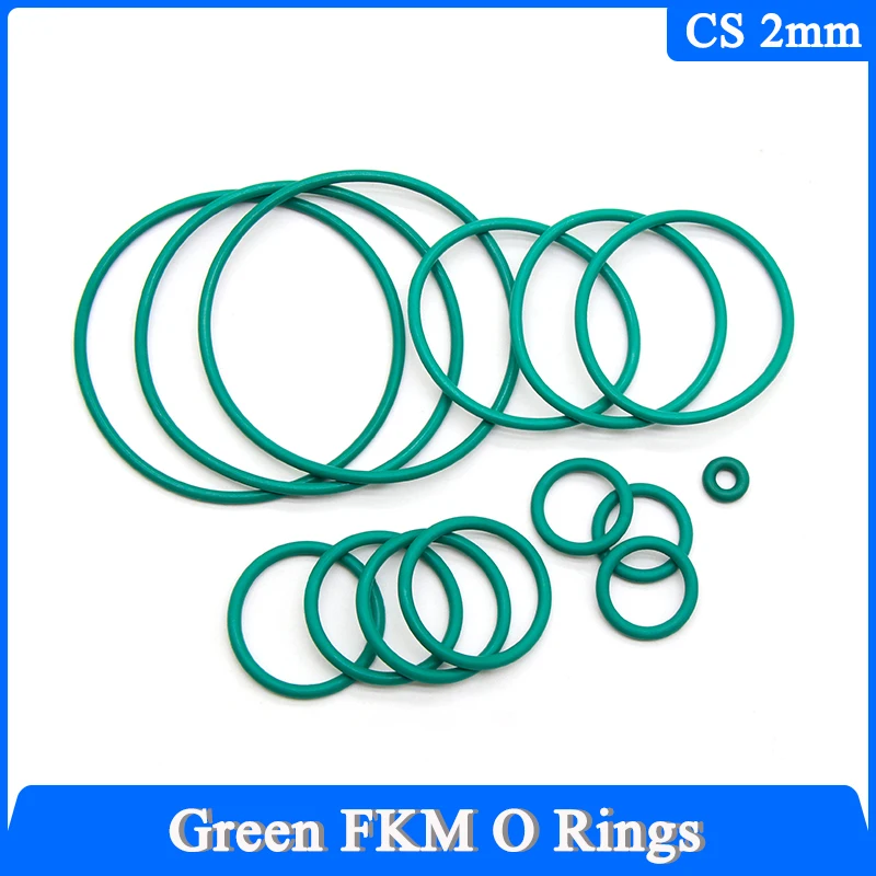 10/50pcs FKM O Ring Green Sealing Gasket CS 2mm OD 5~100mm Oil Resistant High Temperature Resistance Fluorine Rubber O-Ring