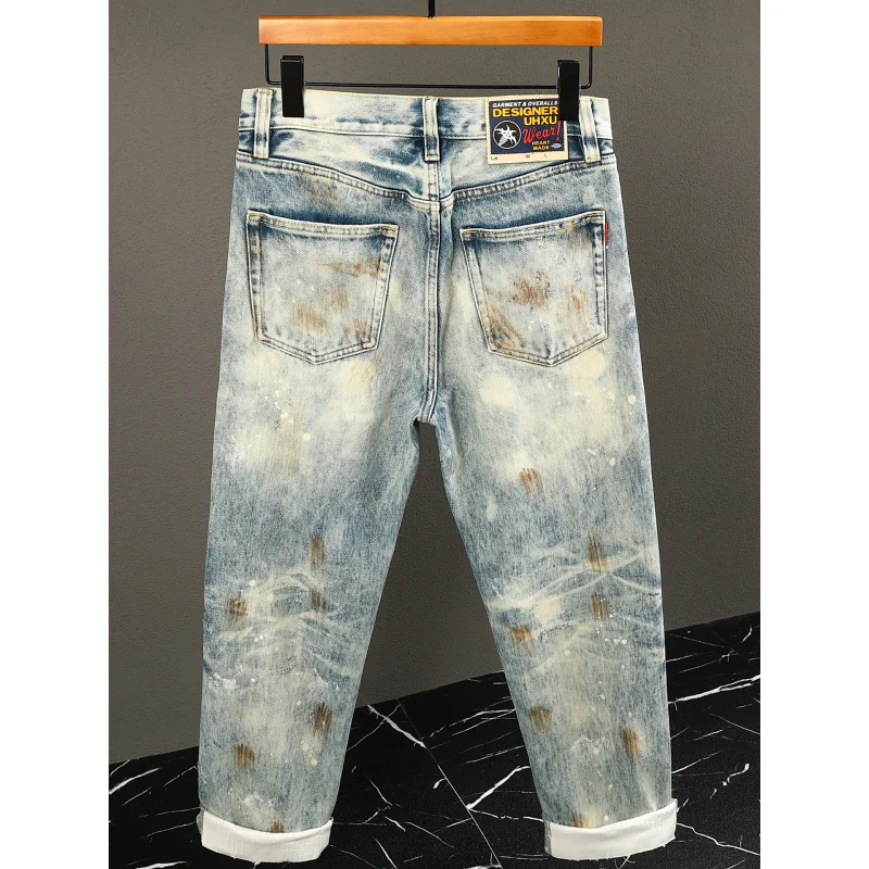 

Высококачественные потертые дизайнерские джинсы, мужские осенне-зимние утолщенные прямые брюки, свободная уличная одежда, модные мужские рваные брюки с заплатками