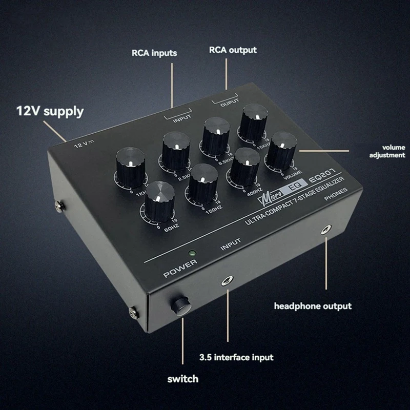 Preamp EQ207 7 Band Equalizers Sound Modifiers DC12V Power Input Audio Mixer