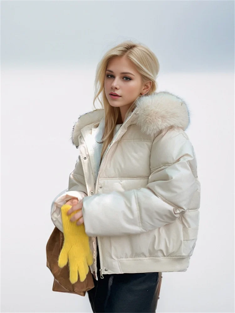 Women\'s Down Jackets Short Winter 2024 New Style Stylish Solid Colors Hooded Large Fur Collar Thickened Loose Jacket