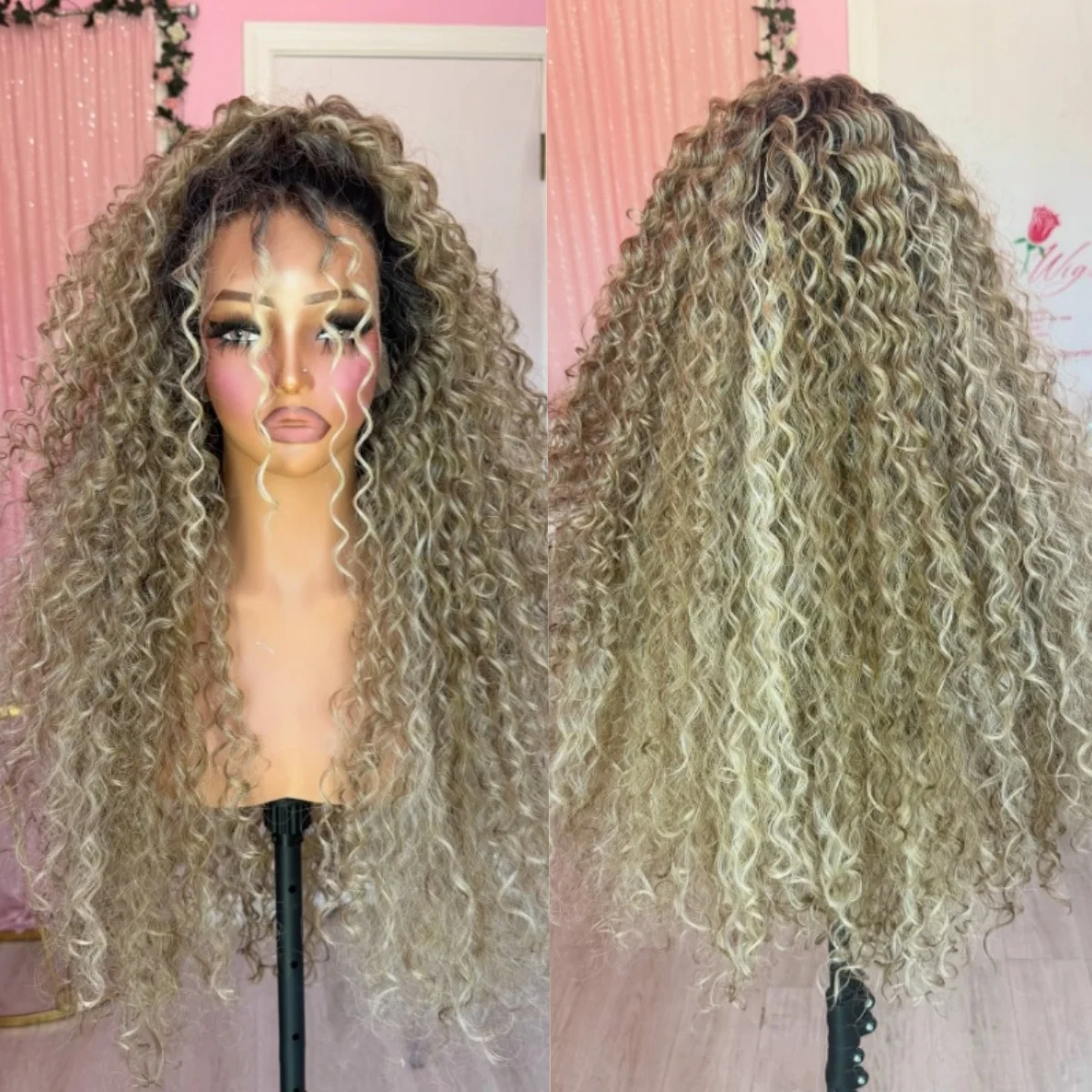 

Platinum Blonde Synthetic Lace Front Wig Long Kinky Curly Wig With Dark Roots For Women Soft High Quality Clearance Sale