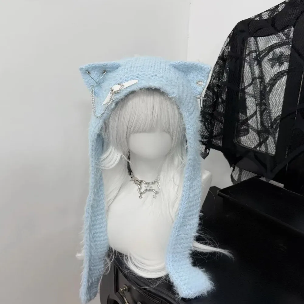 

Подарки Harajuku, японская шапка с кошачьими ушками и пряжкой для шарфа, шерстяные шапки с пятиконечной звездой, кожаная теплая шапка с перекрестной цепочкой и ушками