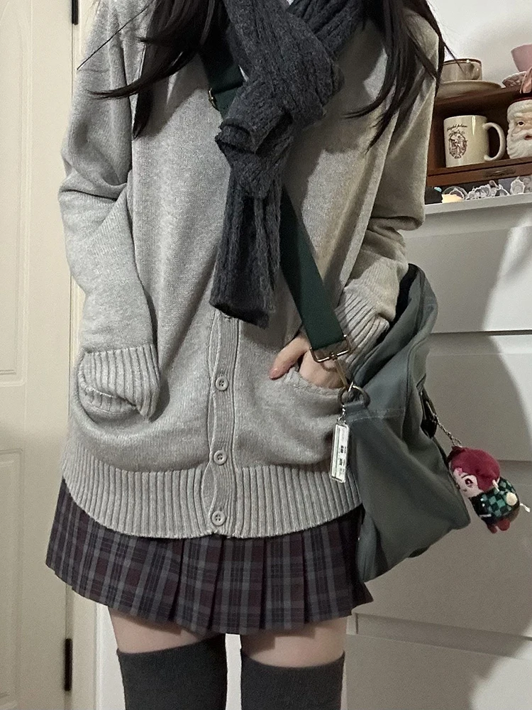 Jk Sweater Cardigan Jacket For Women Autumn Winter Japanese College Style Uniform School Supply Feeling Dark Gray Long Sleeve