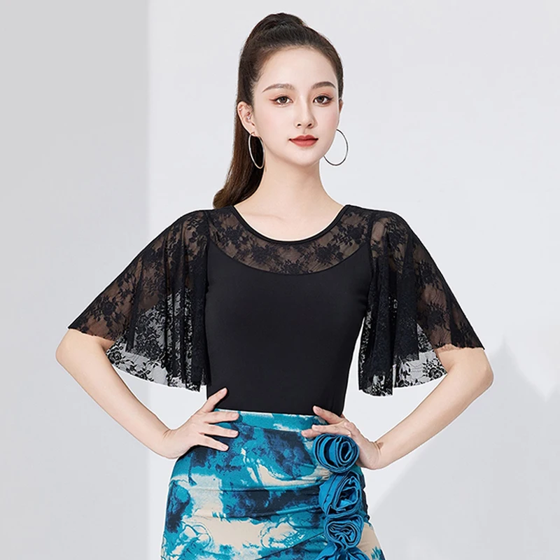 

Latin Clothes Women Black Dancewear Top Lace Flare Sleeve Tops Adult Ballroom Modern Dance Training Clothing Practice Wear 2018