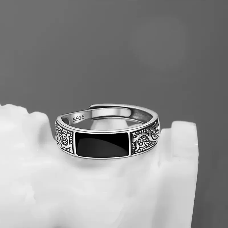 Retro Dragon Pattern Ring for Men Women Jewelry Black Rectangle Ring Male Titanium Steel Open Adjustable Rings Finger Accessorie