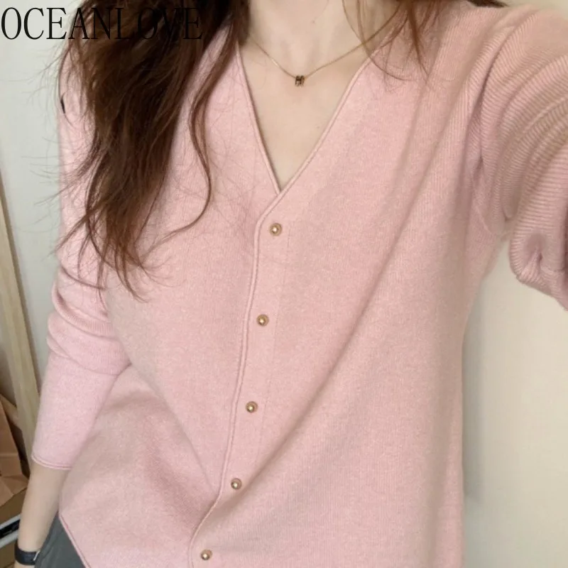 

OCEANLOVE Thin Short Cardigans Candy Color Sweet Spring Autumn Korean Fashion Women Sweaters Chic Solid V Neck Knitwear