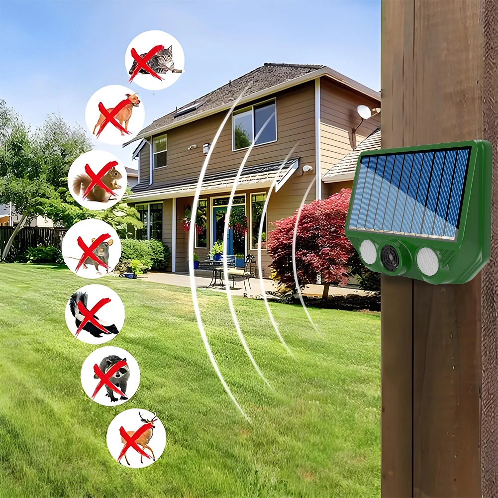 Solar Powered Ultrasonic Animal Repellent USB Charging Waterproof Animal Deterrent Strong LED Flashing for Yard Control Drive