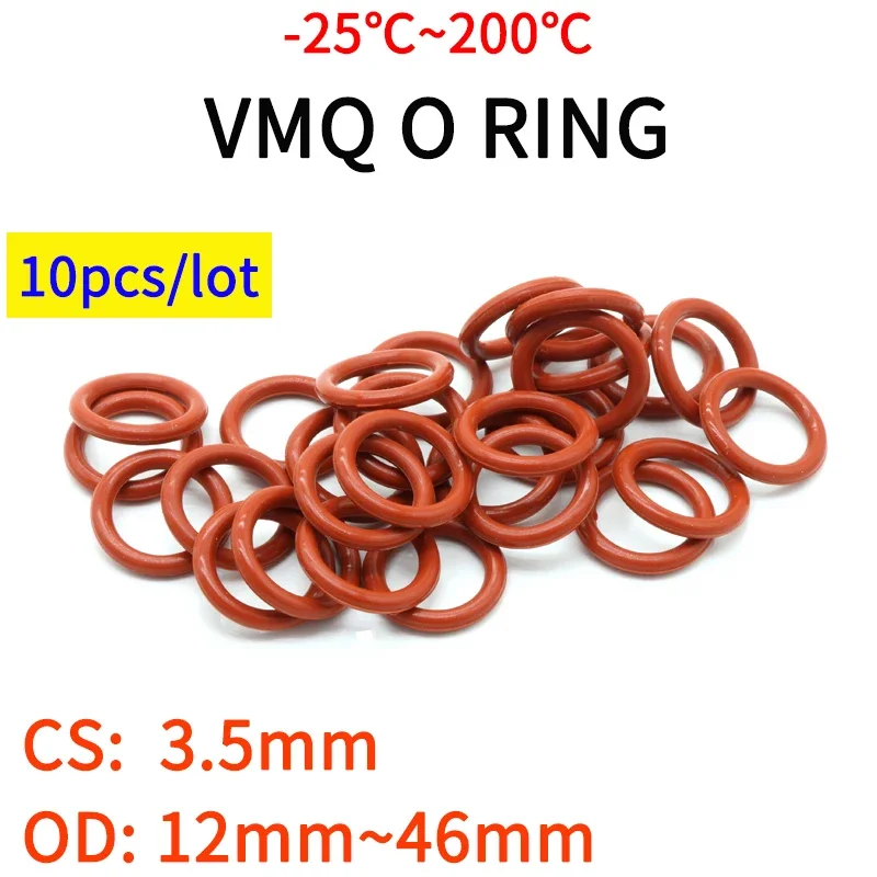 10pcs VMQ O Ring Seal Gasket Thickness CS 3.5mm OD 12 ~ 46mm Silicone Rubber Insulated Waterproof Washer Round Shape Nontoxi Red