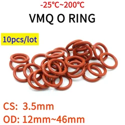 Junta de vedação de anel-O de borracha de silicone, impermeável, isolado, forma redonda, não tóxico, vermelho, CS, 3,5mm, OD, 12-46mm, 10pcs