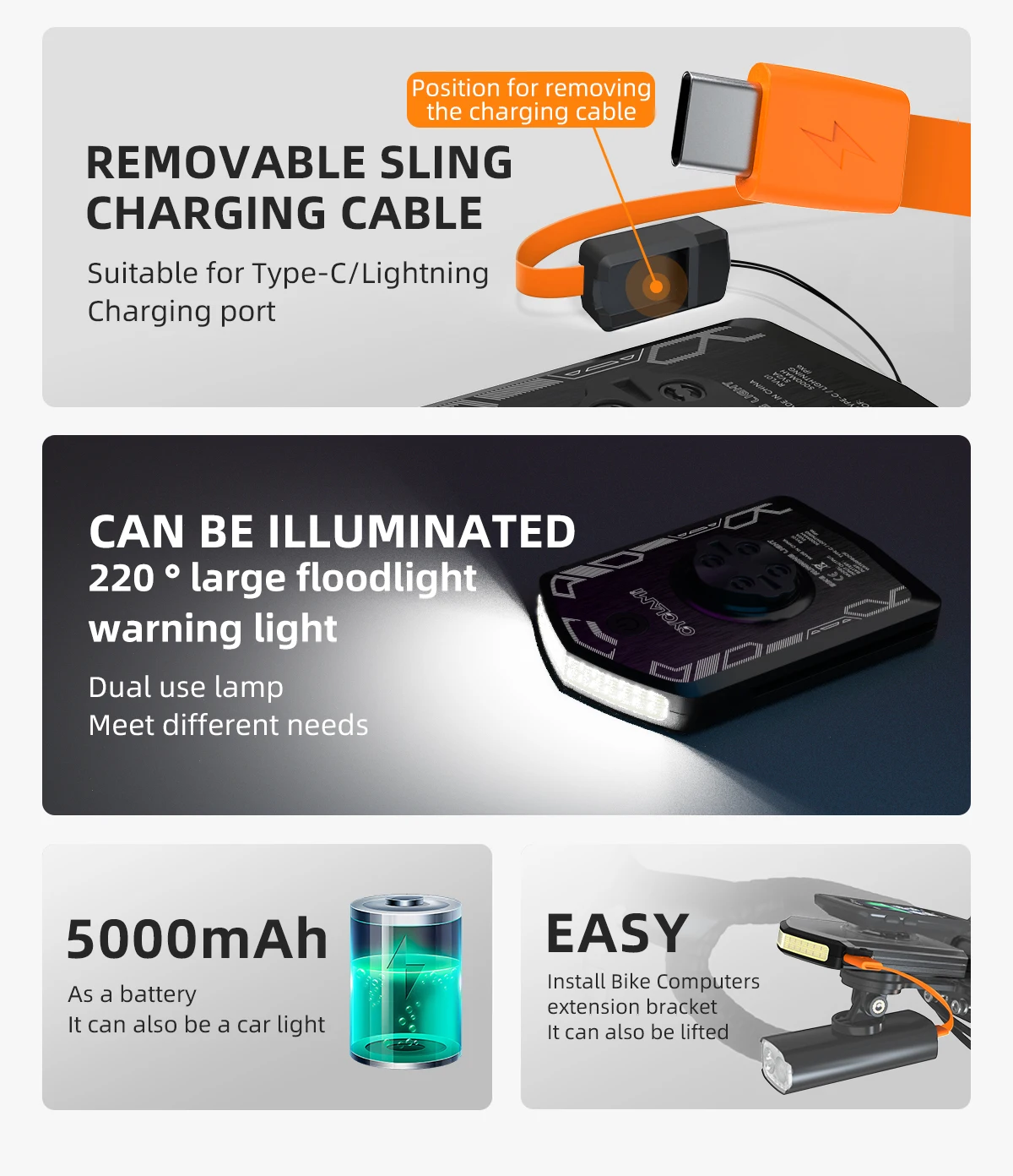 CYCLAMI RVL01 Bicycle Light Cycling Headlight 5000mAh Type-C Charging Front Lamp For Garmin XOSS IGS Computer Lights Charging