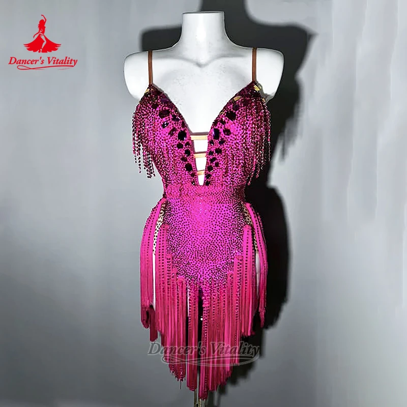 Adult Chacha Samba Jive Sexy High Split Tassels Dress Teenagers AB Stones Deep-V Latin Dancing Wear Customize Dancer's Vitality