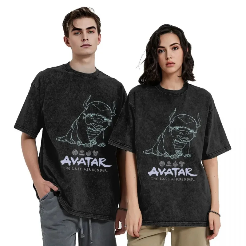 Avatar masculino e feminino The Last Airbender T-shirt, logótipo Appa Line Art, t-shirt lavada, streetwear retrô, High Street, verão