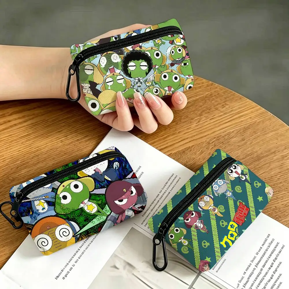 Anime Keroro Gunsou Frog Mini Hanging Oxford Cloth Coin Bag Durable Zipper Key Card Pouch With Carabiner