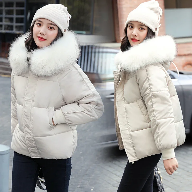 Ladies Winter 2022 New Fashion Large Fur Collar Hooded Thick Cotton Down Thick Winter Jacket Pure Color Simple Trend Parker Coat