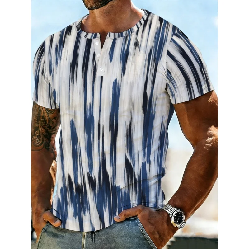 

Мужская рубашка с полосатым узором, футболки с геометрическим 3D-принтом, летние уличные топы, футболки с короткими рукавами, рубашки-поло с воротником-стойкой