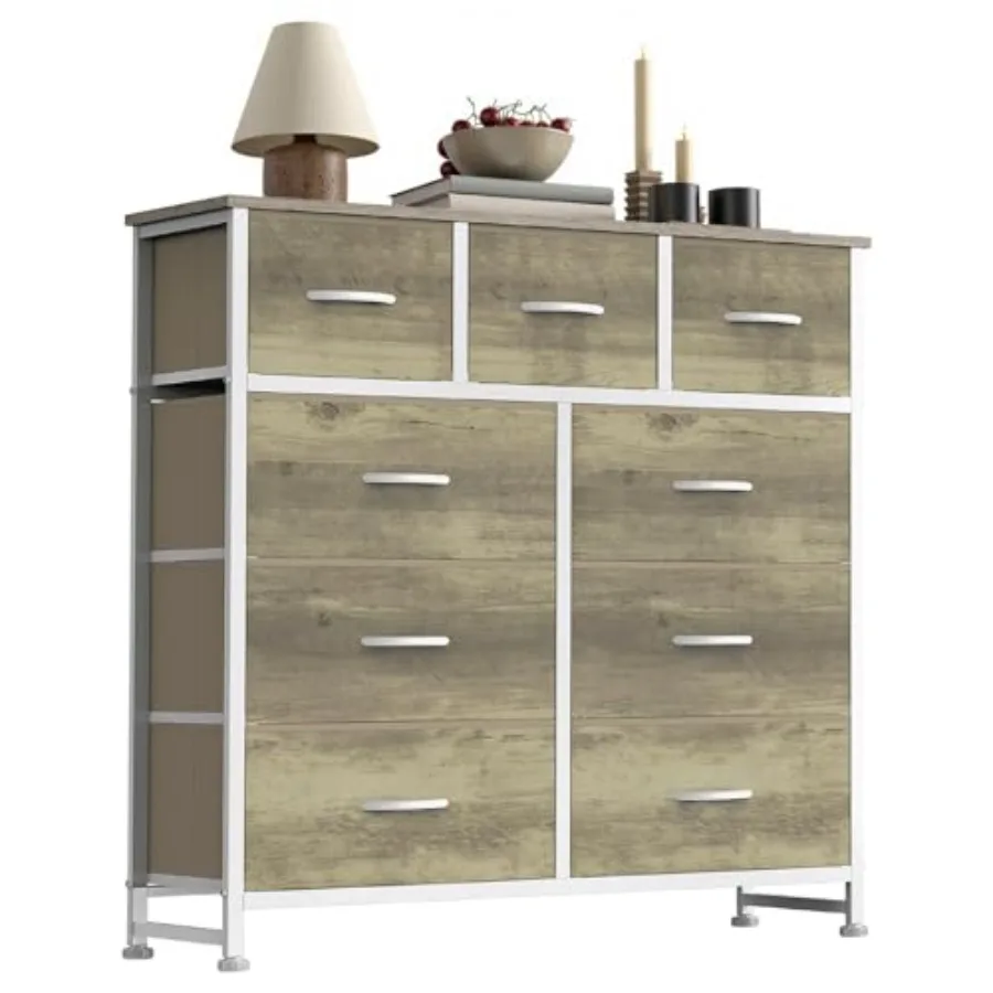 

9 Drawer Fabric Dresser Storage Tower with Wood Top and Steel Frame, Organizer Chest with Easy Pull Handles for Bedroom, Closet