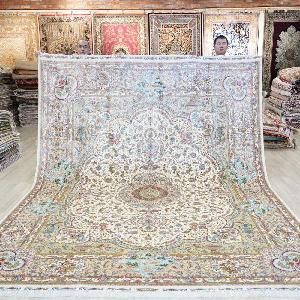 274x366cm Oriental Living Room Rug Hand Knotted Antique White Persian Silk Carpet