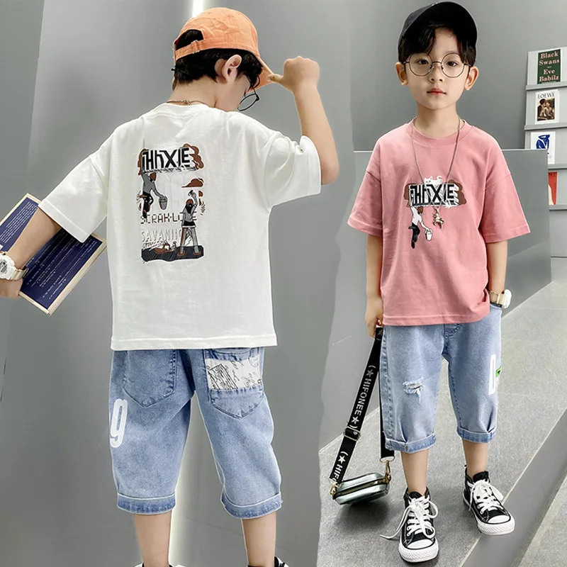 

Children'S Clothes Boys Clothing Sets For Summer 2022 New Fashion Cartoon Letters Print O-Neck T-Shirt & Jeans 2 Piece Suit